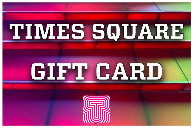 The words "Times Square Gift Card" set against a close-up of the Red Steps